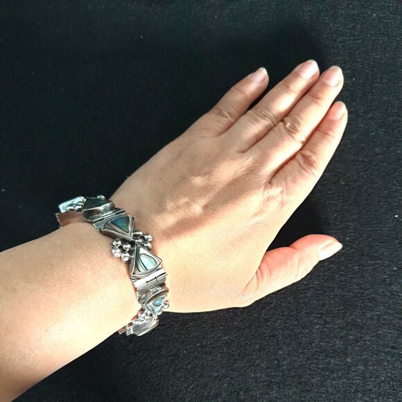 Bold Vintage Mexico Taxco 925 Sterling Silver Abalone Inlaid Statement Bracelet - Picture 13 of 16